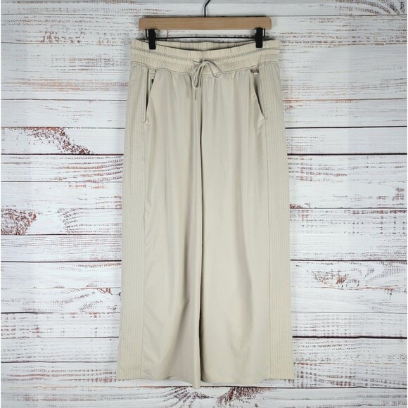 Athleta Avenue Wide Leg Crop Pants Women's 10 Beige Stretch Drawstring Pockets - Picture 1 of 12